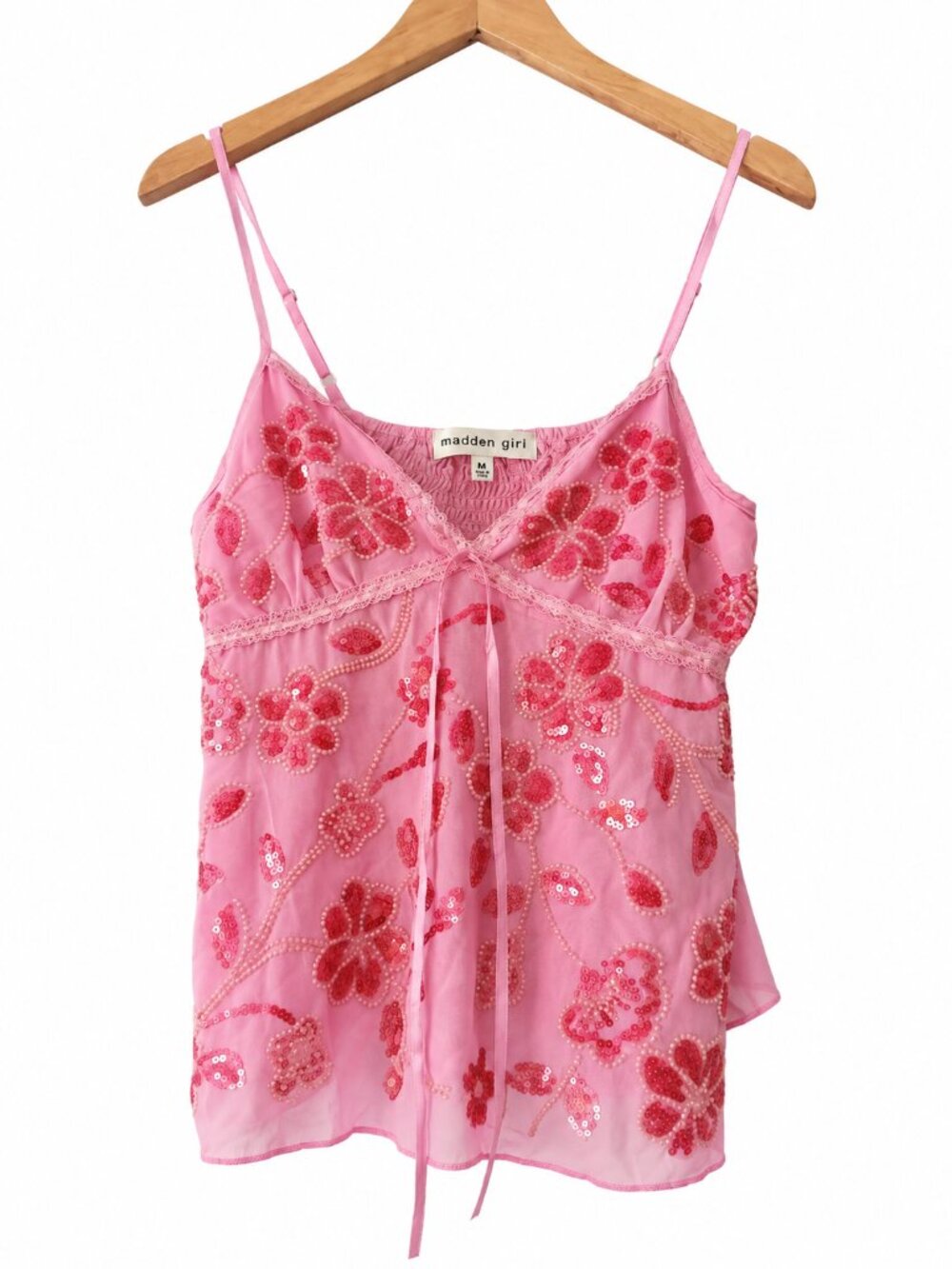 Madden Girl Pink Floral Sequin Beaded Lace Trim Babydoll Cami Top Coquette NWT M